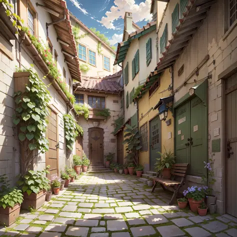 painting of a courtyard with a table and chairs and a bench, anime background art, relaxing concept art, anime scenery concept art, immensely detailed scene, a beautiful artwork illustration, detailed scenery —width 672, studio ghibli environment, highly detailed scene, environment design illustration, beautiful anime scene, ghibli studio style, anime scenery, detailed soft painting, environment painting --auto --s2
