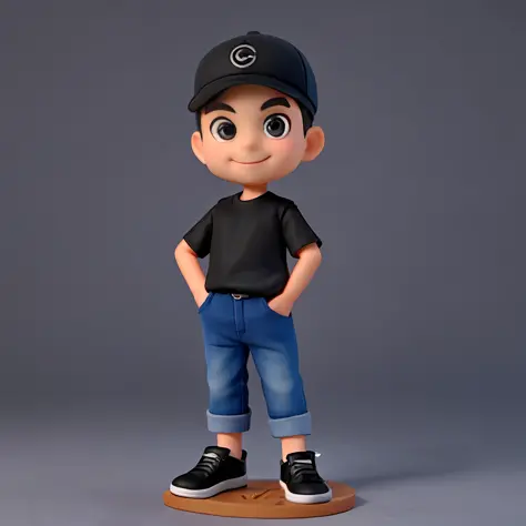 a Cute small male Fashion designer , 45-years-old, huge head, short hair, oval face，smile，fit, tall, Wearing a black baseball cap ，wearing Wear black T-shirt and dark blue jeans and black running shoes，Toy figures, best quality, 3d cartoon，full body view, ...