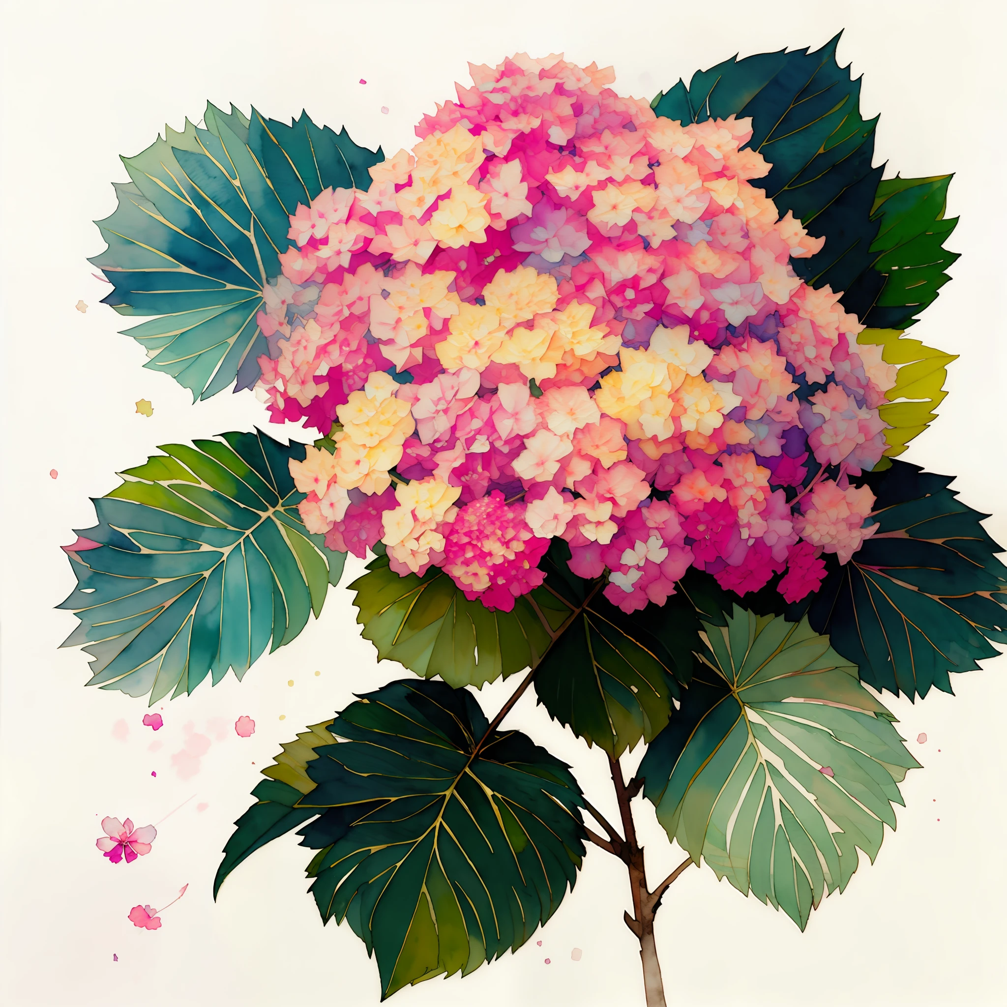 wtrcolor style, (hydrangea) digital art, official art, blowin, masterpiece, beautiful, (((watercolor)), paint, splatter, intricate details. Great detail, [drip: 0.7], trending on art station, Rachel Walker