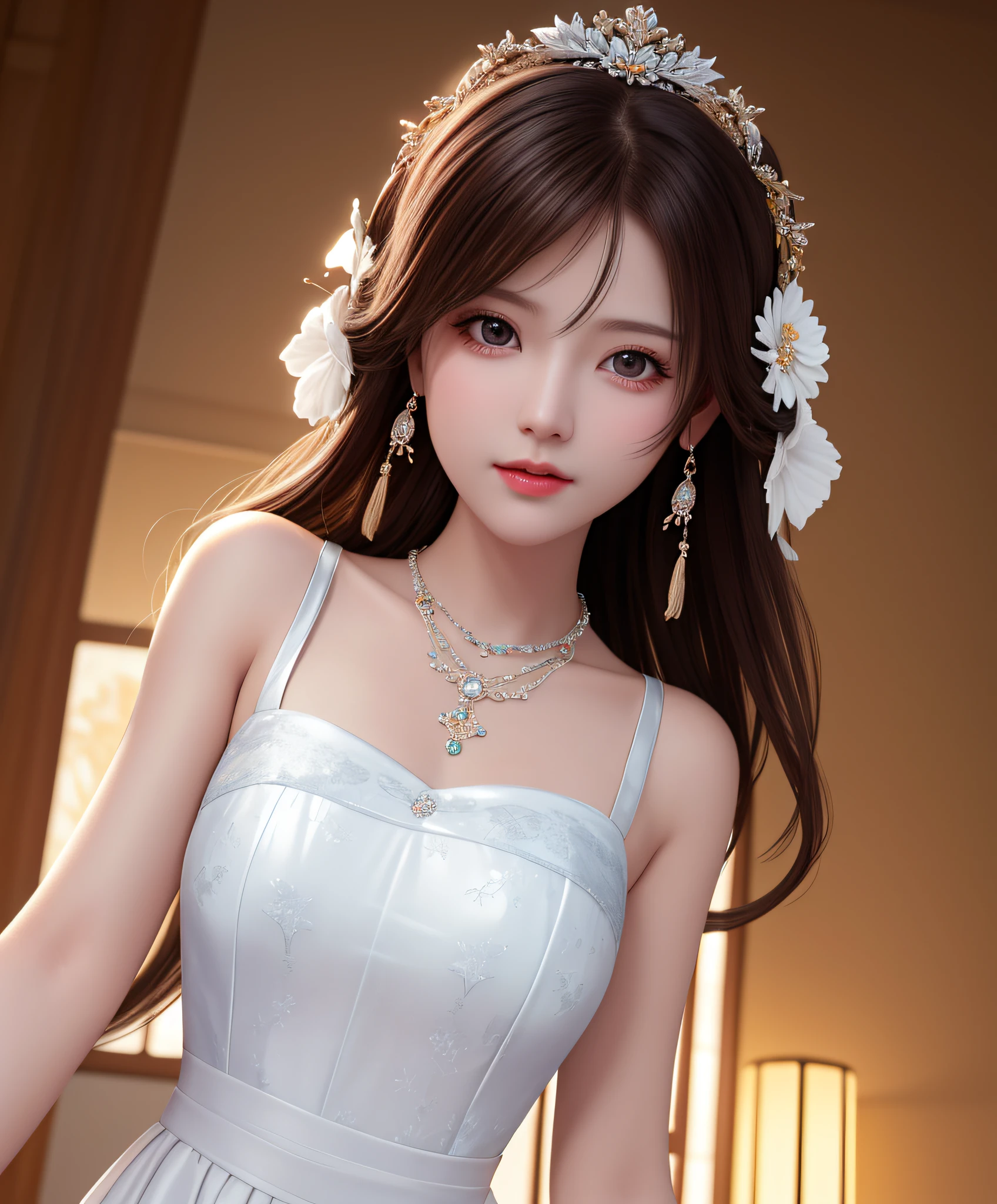 Best quality, masterpiece, high resolution, 1girl, porcelain dress, hair accessories, necklace, jewelry, beautiful face, on the body, Tyndall effect, realistic, dark studio, edge lighting, two-tone lighting, (high detail skin: 1.2), 8k UHD, dslr, soft light, high quality, volumetric light, candid, photo, high resolution, 4k, 8k, background blur,