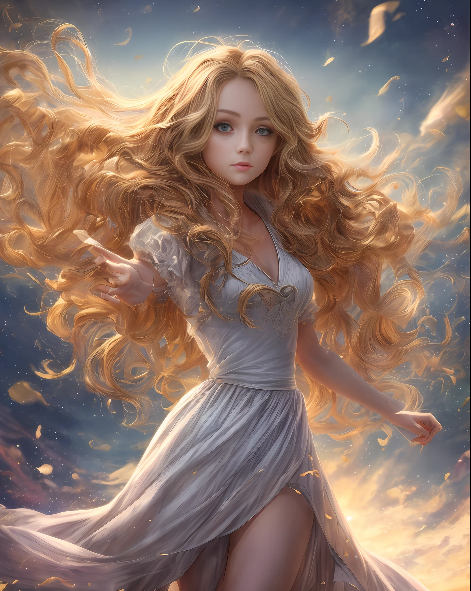(best quality, masterpiece), young woman, pose, particle, wind, flower, upper body, simple background, looking at viewer, long curly windblown blonde hair, galaxy,backlit,rimlight,beautiful artwork,perfect composition