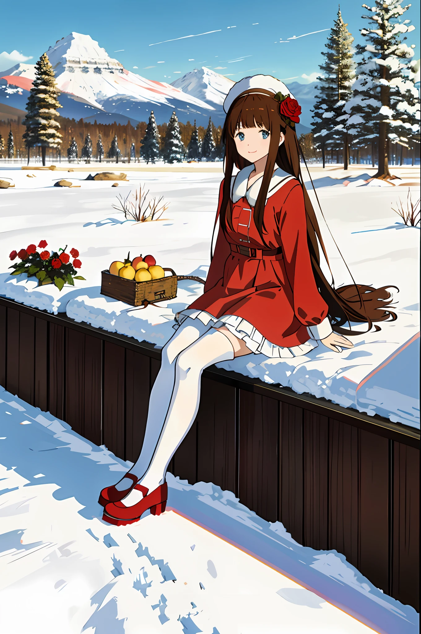 Hyouka,masterpiece, best quality, winter, snow field, (:3:1.5), 1girl, bangs, blue eyes, blunt bangs, bonnet, brown footwear, brown hair, red dress, frills, fruit, full body, hat, long hair, long sleeves, looking at viewer, white pantyhose, red flower, red rose, rose, shoes, sitting, solo, sky, sun, mountain, forest, lake,