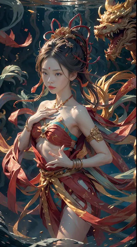 A girl, a dragon behind him, Dunhuang style, underwater, flying action, red ribbon wrapped around the body, surrealism, surreali...