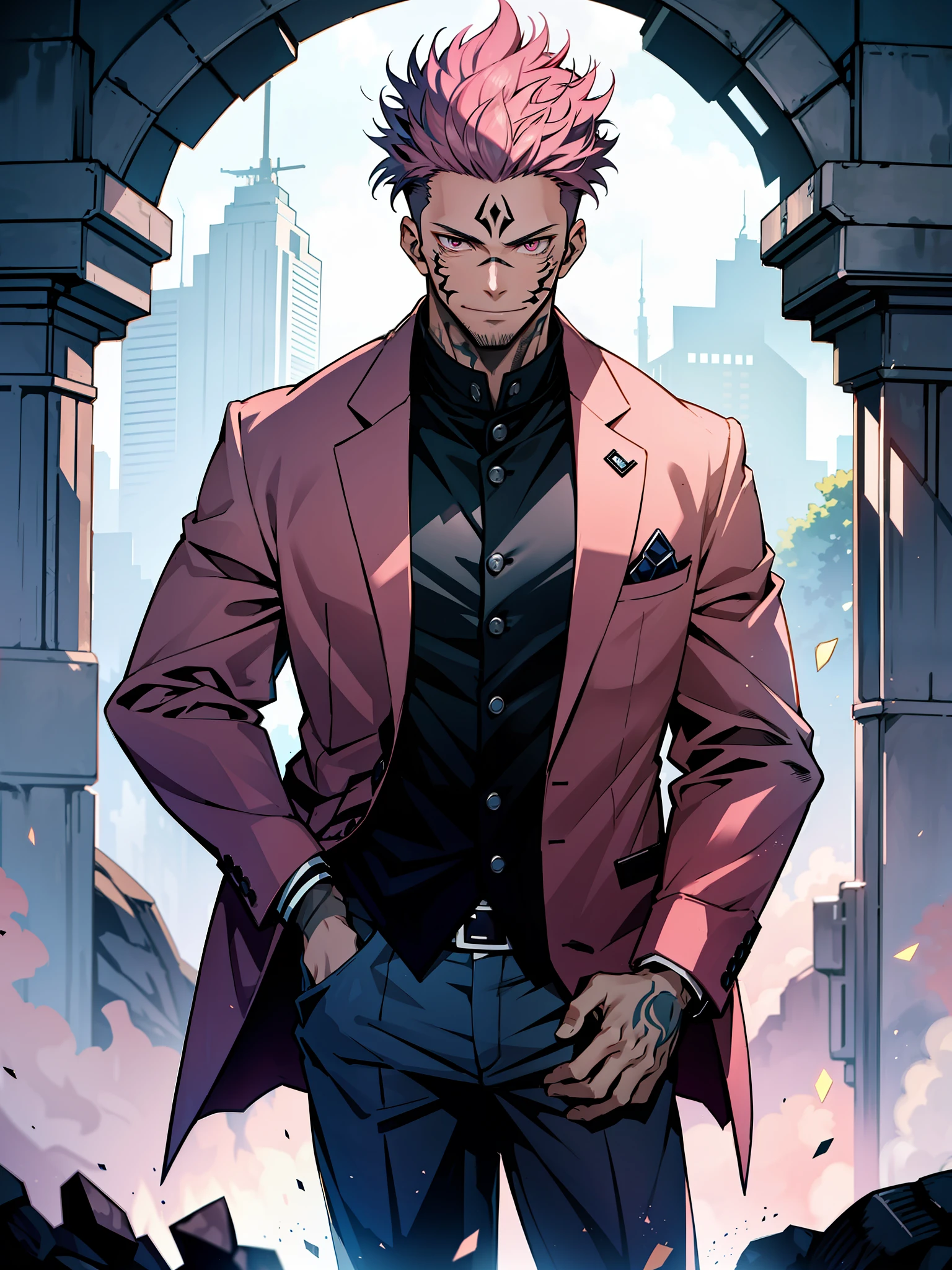 (masterpiece, best quality:1.2), solo, male focus, 1boy, sukuna, tattoo_on_his_face, manly, full body,black blazer, pink hair, cowboy shot, anatomically correct, 8k, super detail, hands in a pocket, dark-blue outfit, tight clothes,