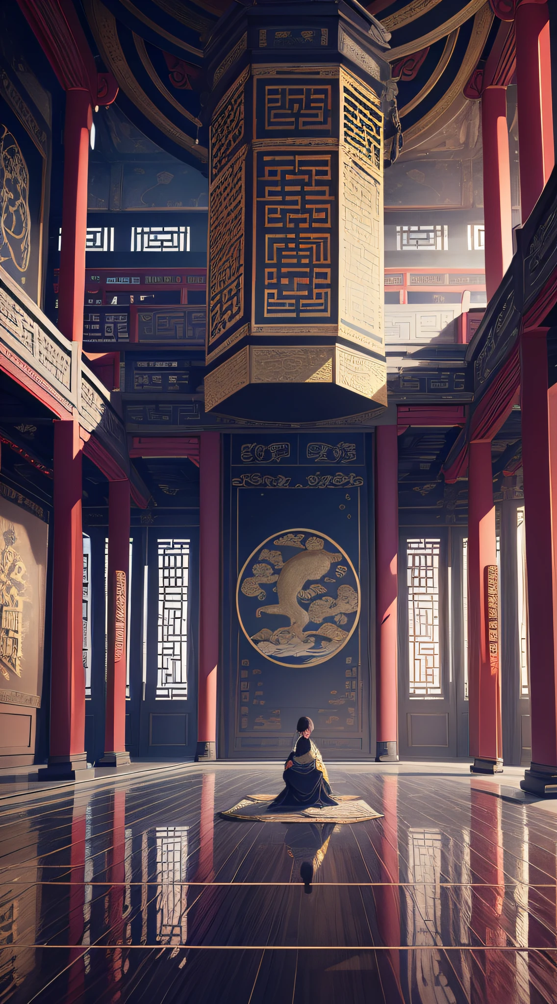 Panorama painting, epic ink painting, a hall of ancient Chinese architecture, exquisite interior decoration, one person sitting alone in the middle of the hall, depth of field effect, imaginative, fantasy, high-end color matching, can't believe how beautiful, spectacular, square, 16K