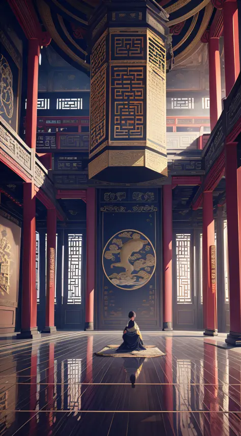 Panorama painting, epic ink painting, a hall of ancient Chinese architecture, exquisite interior decoration, one person sitting alone in the middle of the hall, depth of field effect, imaginative, fantasy, high-end color matching, can't believe how beautif...