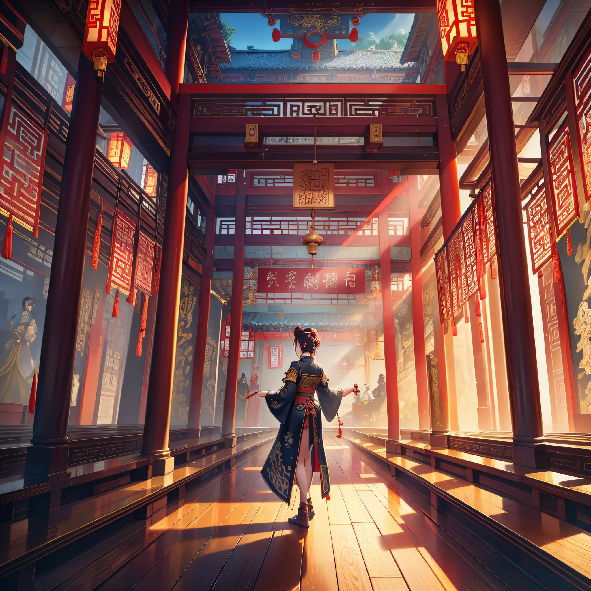 Panorama painting, epic ink painting, a hall of ancient Chinese architecture, exquisite interior decoration, depth of field effect, imaginative, fantasy, high-end color matching, can't believe how beautiful, spectacular, square, 16K