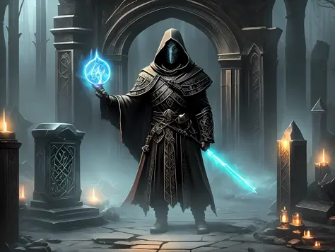 a dark and eerie scene of a hooded necromancer standing in front of an ancient tomb, holding a glowing crystal ball in one hand and a wand in the other. The tomb's entrance is adorned with intricate carvings and glowing runes, suggesting that it holds grea...