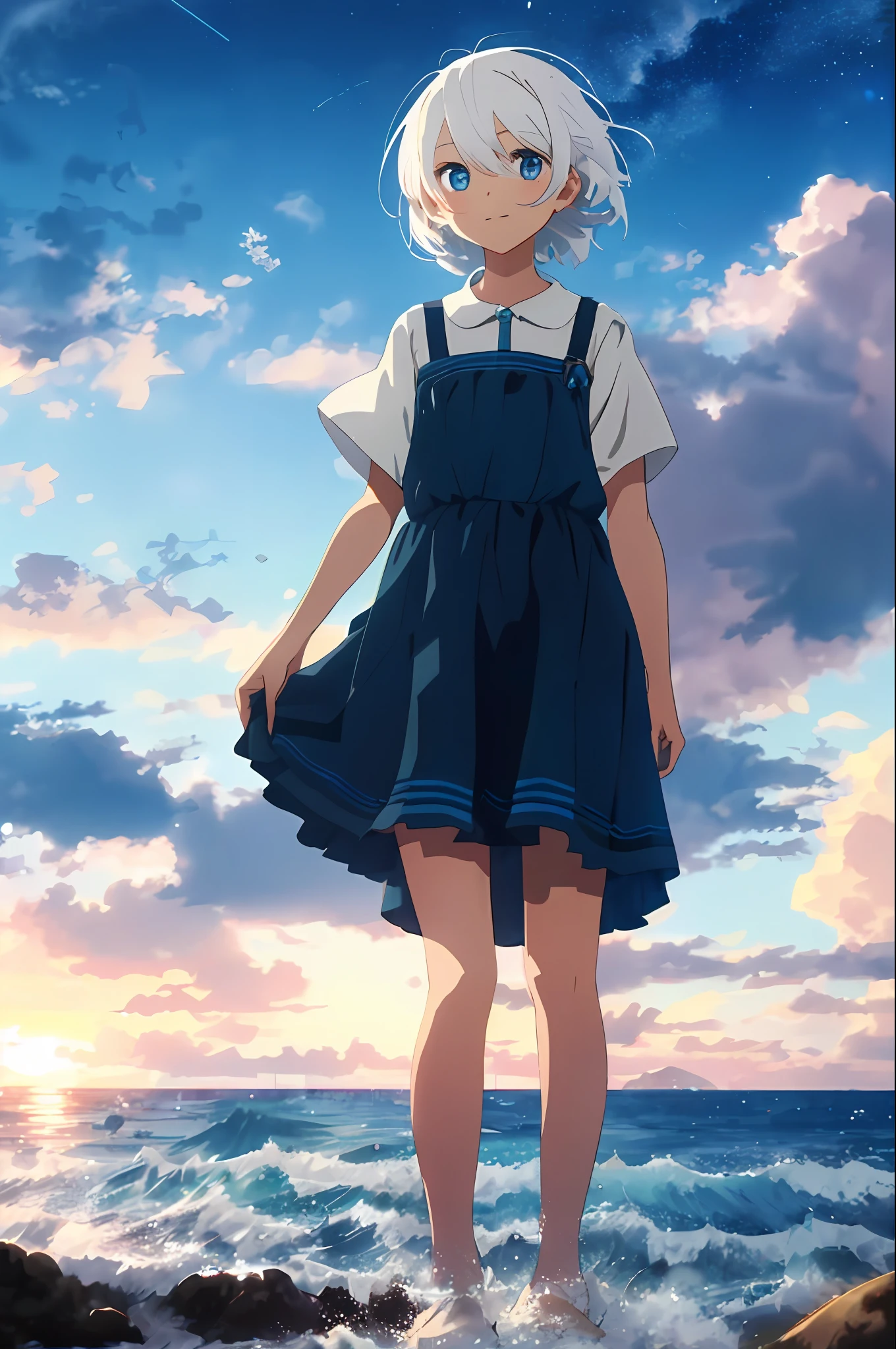 [(Cloud background: 1.5),::5] (Isometric: 1.0), 1 girl, medium shot, full body, ocean, waves, splash, sky, light particles, night, starry sky, sea and sky, dawn, white hair, blue eyes