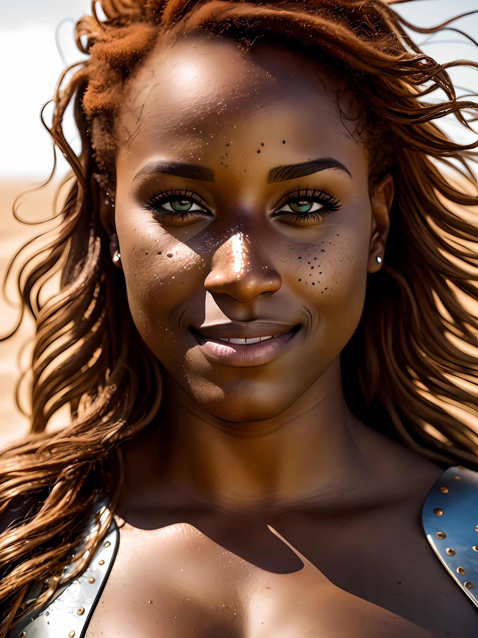 Photo, Raw, [bokeh], shallow DOF, sharp eyes focus , redhead, thicc body, full body shot, alone, ((30 year old black woman )), (((ultra realistic detailed eyes))), intricate eye details, cute smile, sweaty, wearing medieval copper plate armor , model shoot pose, ultra skin texture, ((ultra skin details)), skin imperfections, intricate details, ( sitting in dark sand dunes  ), long messy hair, fog, volumetric lighting, ((streaking light across face)), hair light, bloom, golden hour, dark shadows, visually interesting , low key, ultra realism