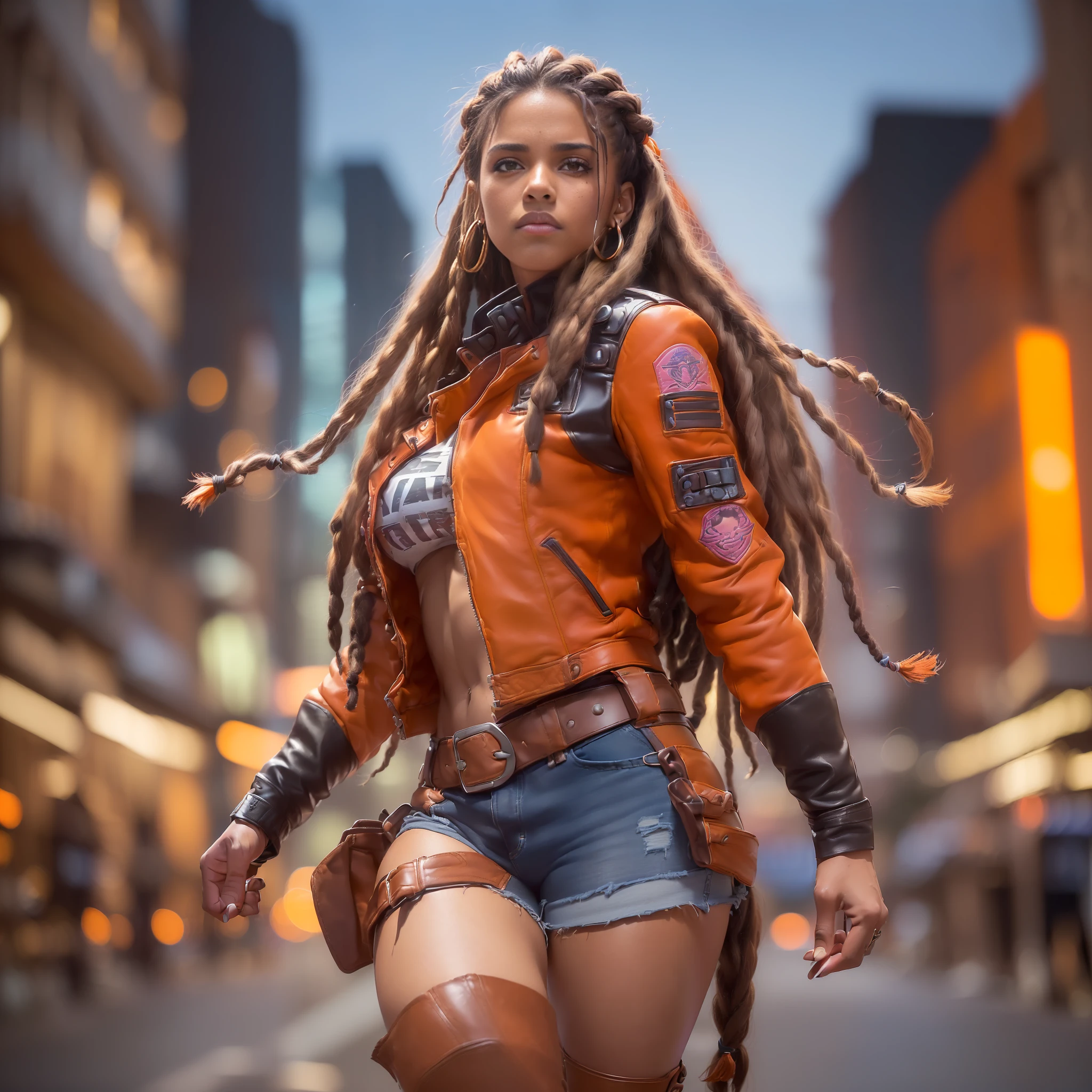 (
    (Character: one woman, 20 years old, latina:1.4, brown skin:1.1, long hair, mega hair, dreadlocks, kanekalon, slightly angry but sexy expression, strong body:1.2)
    (Clothing: short orange and brown leather jacket, military shorts, pink belt, orange long boots, holster on leg)
    (Pose: full body:1.3)
    (Background: intense urban night lights in background, orange color scheme)
    (Style: ((Best quality)), ((masterpiece)), (face detailed:1.4),texture skin, amazing,photo-realistic:1.3,Anisotropic Filtering,Depth-of-field,Maximum clarity and sharpness,Multi-layered textures, hyperrealistic,150mm)
)