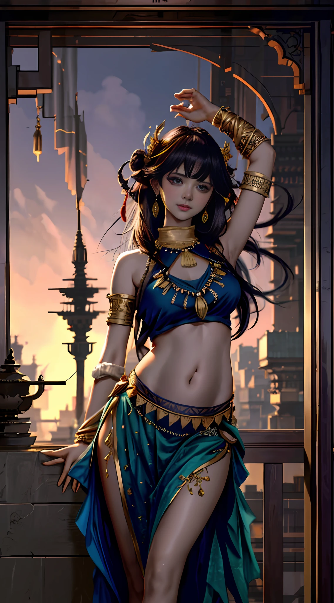 modelshoot style, (extremely detailed CG unity 8k wallpaper), full shot body photo of the most beautiful artwork in the world, stunningly beautiful photo realistic cute women in saree (navel:1.5), professional majestic oil painting by Ed Blinkey, Atey Ghailan, Studio Ghibli, by Jeremy Mann, Greg Manchess, Antonio Moro, trending on ArtStation, trending on CGSociety, Intricate, High Detail, Sharp focus, dramatic, photorealistic painting art by midjourney and greg rutkowski