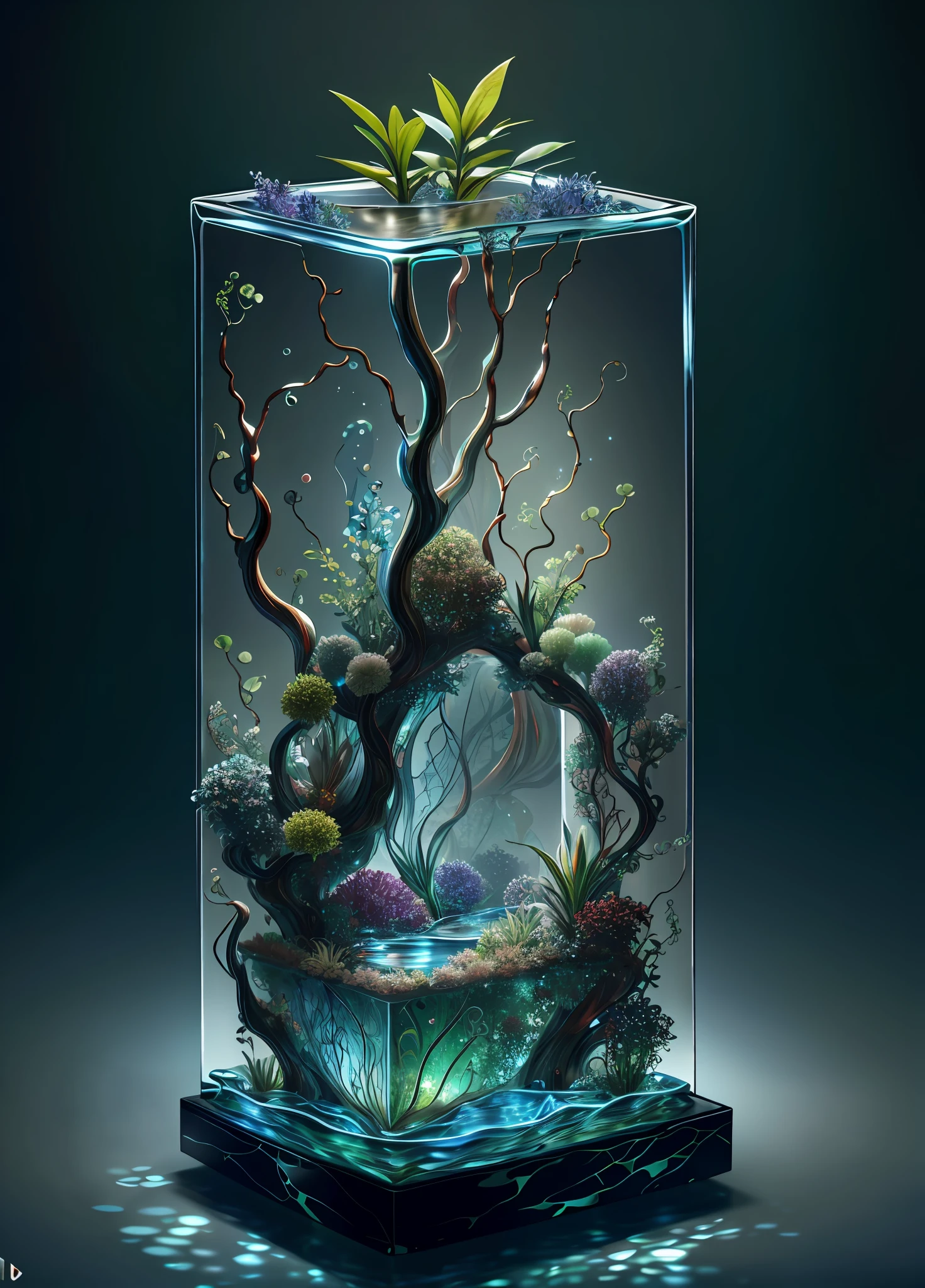 masterpiece of glass sculpture with plants inside, water, glowing, fantasy, high quality, high detail, best quality, rtx, 4k, 8k,