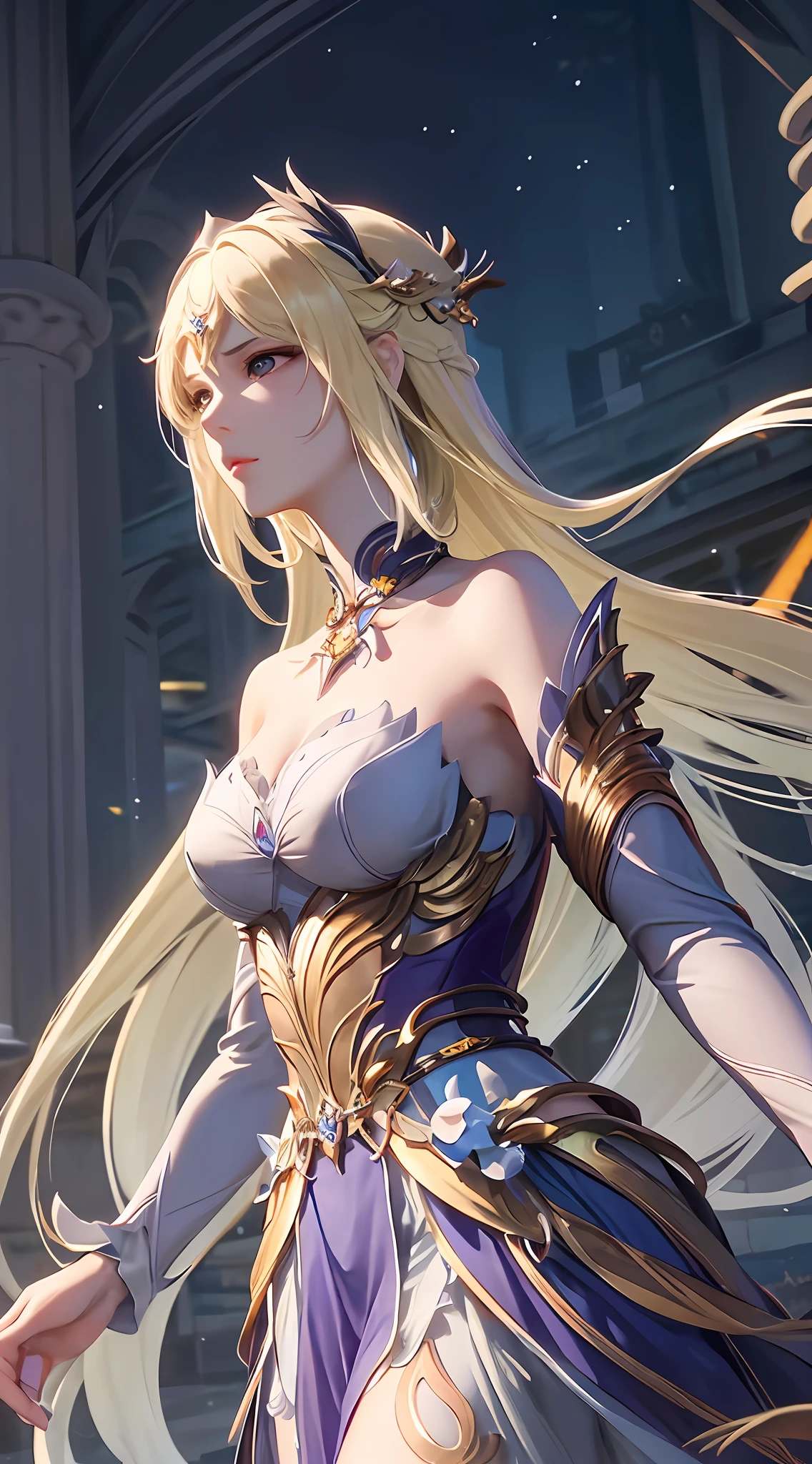 Meticulous, wonderful and perfect CG unity 8k wallpaper, high-quality depiction, pure and elegant color, delicate, dynamic angle, moist, water droplet mist, moonlight, colorful light, highlighting the angel goddess Qianyue Xue with yellow hair and fair skin.