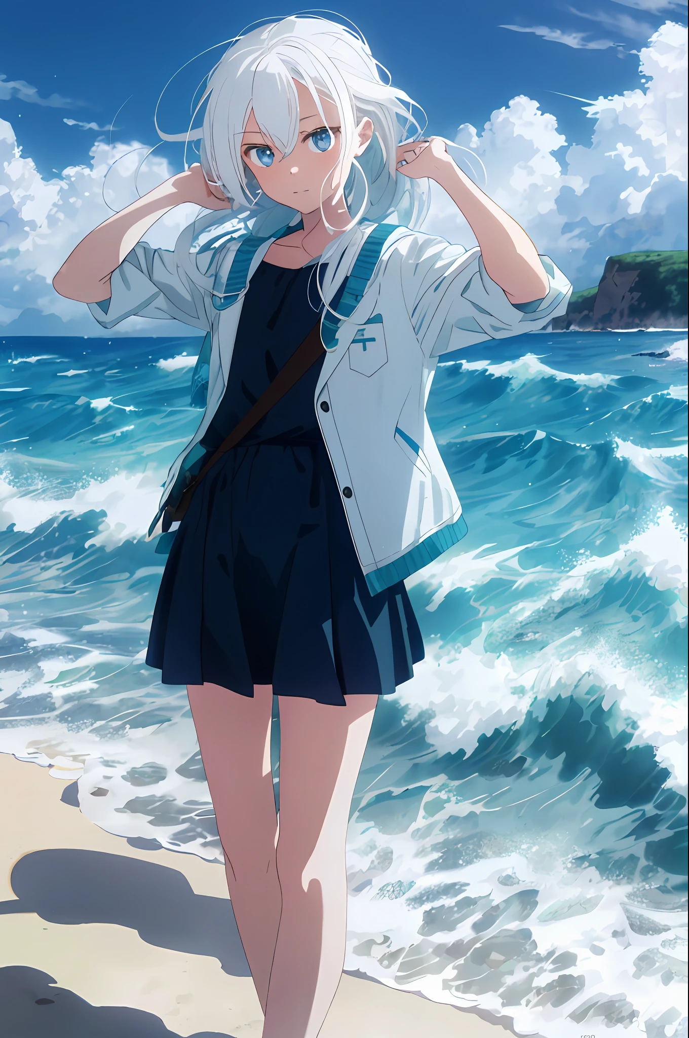 [(Cloud background: 1.5),::5](Isometric: 1.0), 1 girl, medium shot, full body, ocean, waves, splash, sky, light particles, night, starry sky, sea and sky, dawn, white hair, blue eyes, long hair, tender white skin