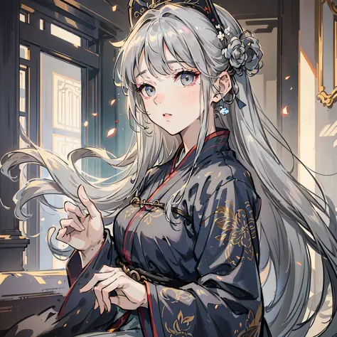(Masterpiece, Best Quality, Mature Girl, Floating Gray Hair, Delicate Eyes, Antique Hanfu, High Depth of Field, F1.8 Aperture, Dramatic Side Lighting, Complex Scenes) --auto --s2