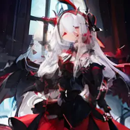 masterpiece, best quality, high resolution, sui1, 1girl, solo, water gold head, red eyes, long hair, gothic dress, white hair, rose hair ornament, long sleeves, gothic headband, ribbon, black dress, black wings, command spell, black magic, black circle,