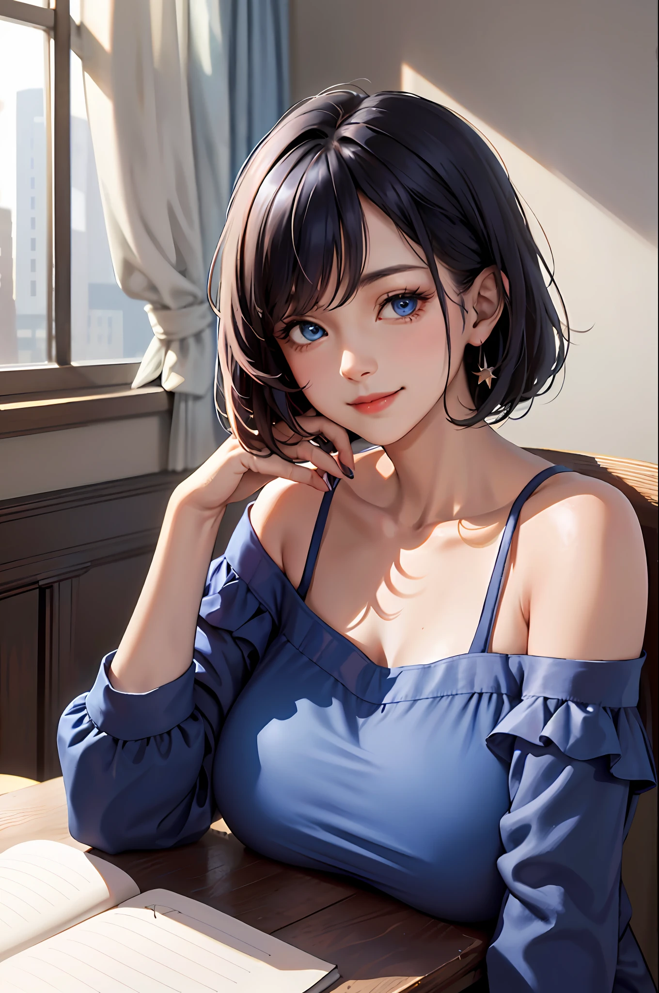 (masterpiece:1.2, best quality), (1lady, solo, upper body:1.2), clothing: loose-fitting, comfortable pajamas Accessories: Signature pen in hand, Hair: Short dark blue shoulder-length hair Makeup: natural, glowing skin, behavior: facing the table, sitting at the table, smiling location: study, study desk, blue eyes, huge breasts,
