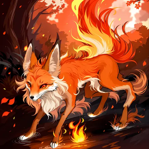 fire-red fox, tail is burning flames, sparks flying around, cute, game illustration