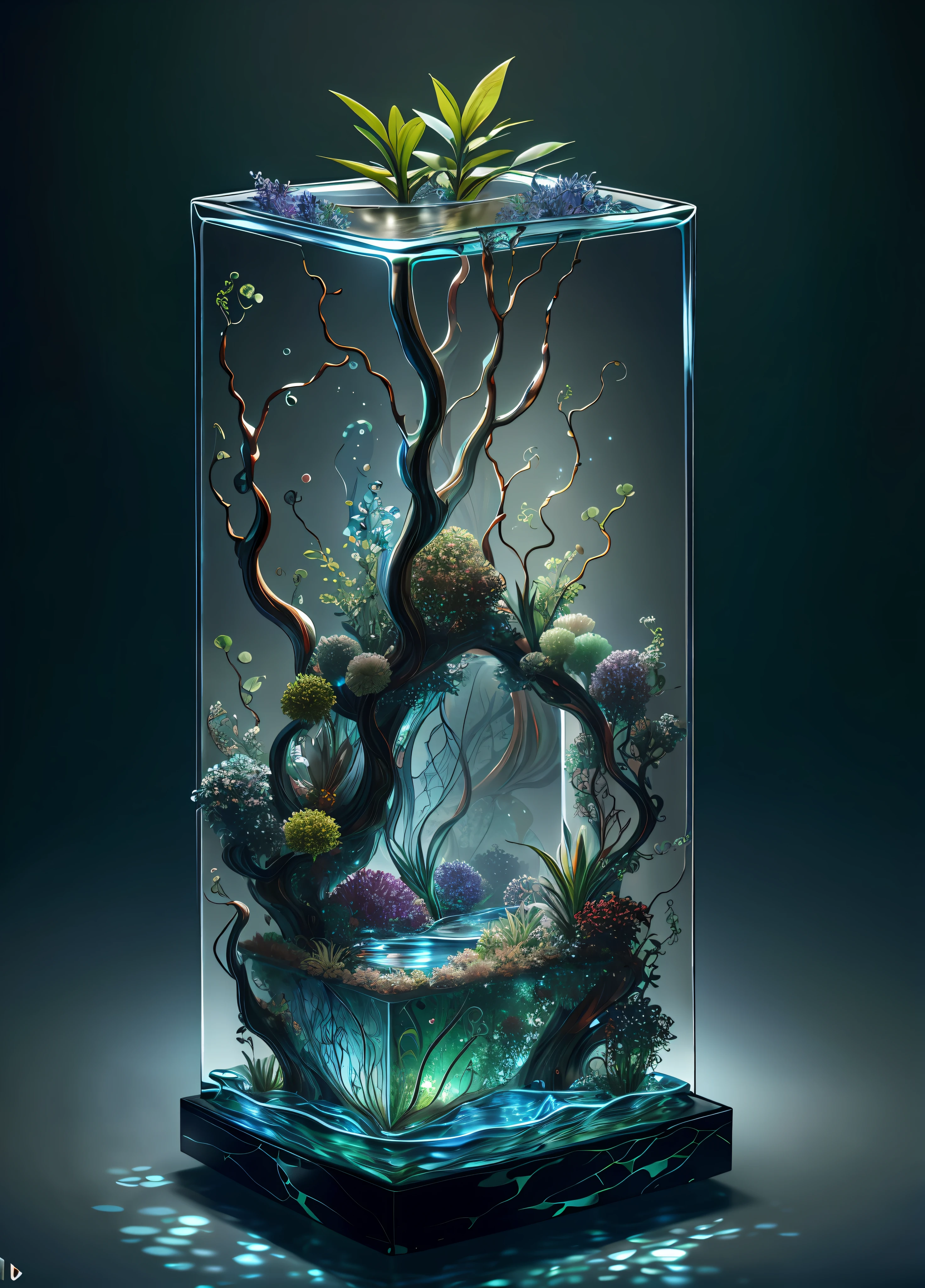 chef-d&#39;œuvre de sculpture en verre avec des plantes à l&#39;intérieur, eau, embrasé, fantaisie, haute qualité, détail élevé, meilleure qualité, RTX, 4K, 8k,