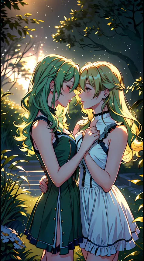 (a romantic and sexy scene, 2 women kissing, alisa reinford with long blonde hair and musse egret with short green hair), sleeve...