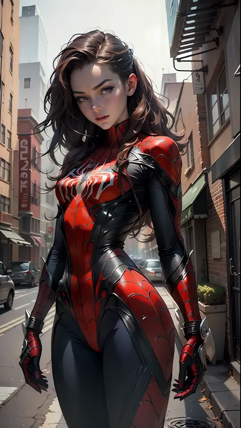 Beautiful woman detailed defined body using spider man cosplay, small breasts
