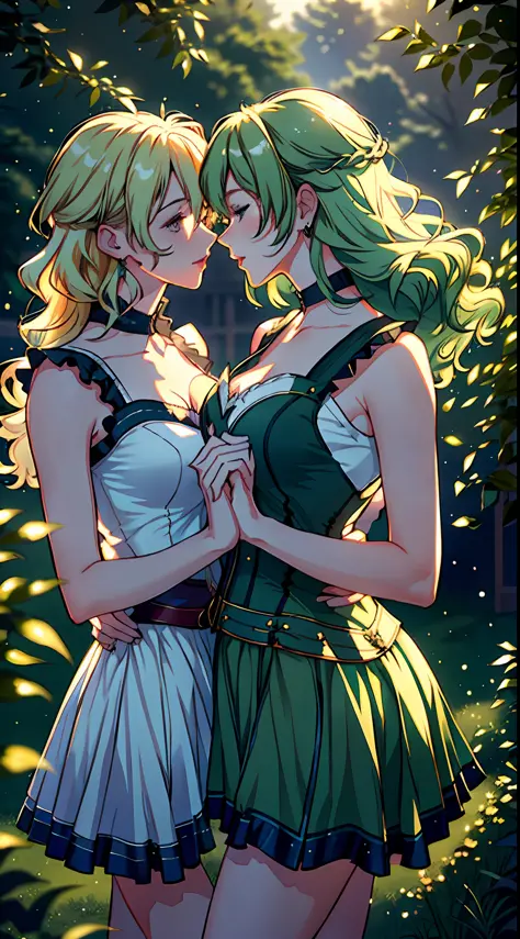 (a romantic and sexy scene, 2 women kissing, alisa reinford with long blonde hair and musse egret with short green hair), sleeve...