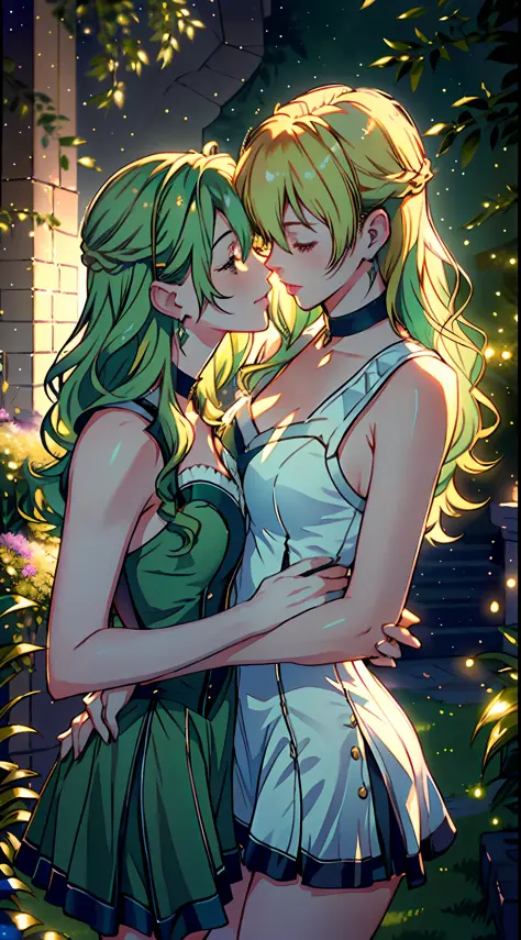 (a romantic and sexy scene, 2 women kissing, Alisa Reinford with long blonde hair and Musse Egret with short green hair), sleeve...