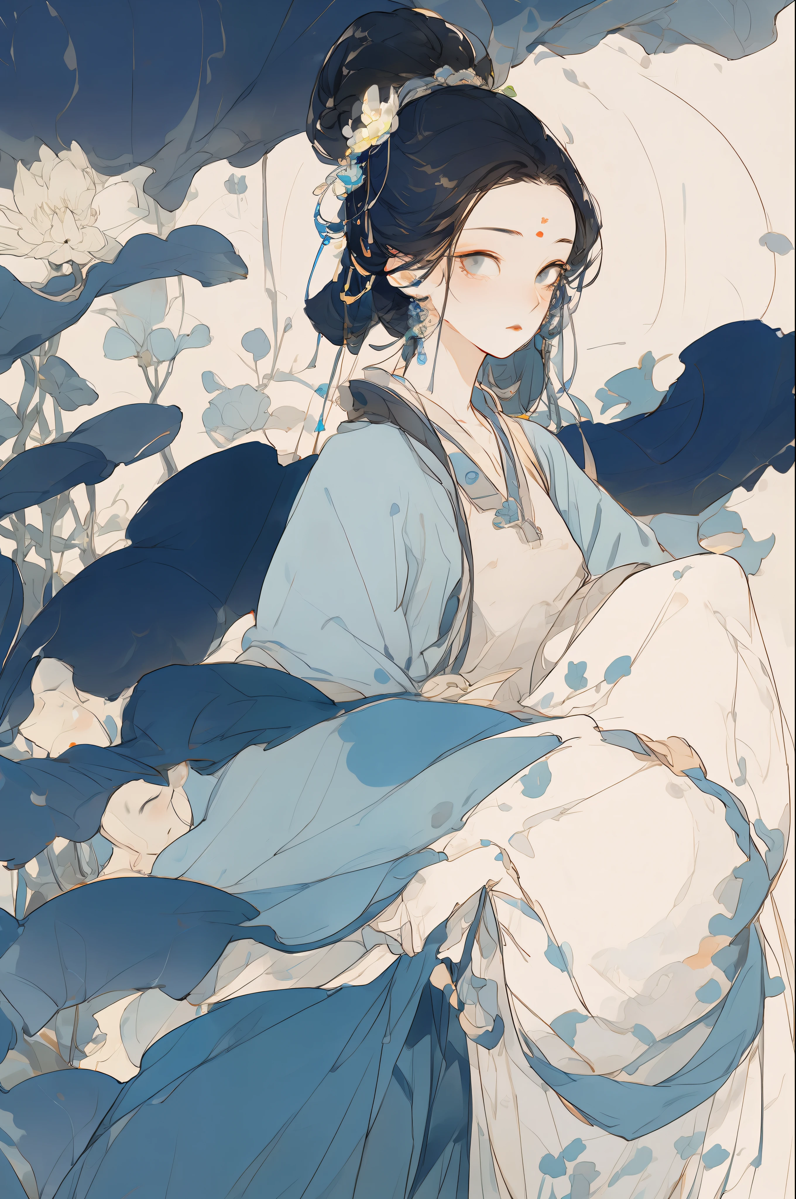 Ancient Chinese beauty sitting on stone, wearing ancient Chinese costume, flowing blue tulle, light silk, lazy pose, large lotus leaves, lotus flowers, ink painting style, clean colors, decisive cutting, white space, freehand, masterpiece, super detailed, epic composition, high quality, highest quality, 4k --v 6