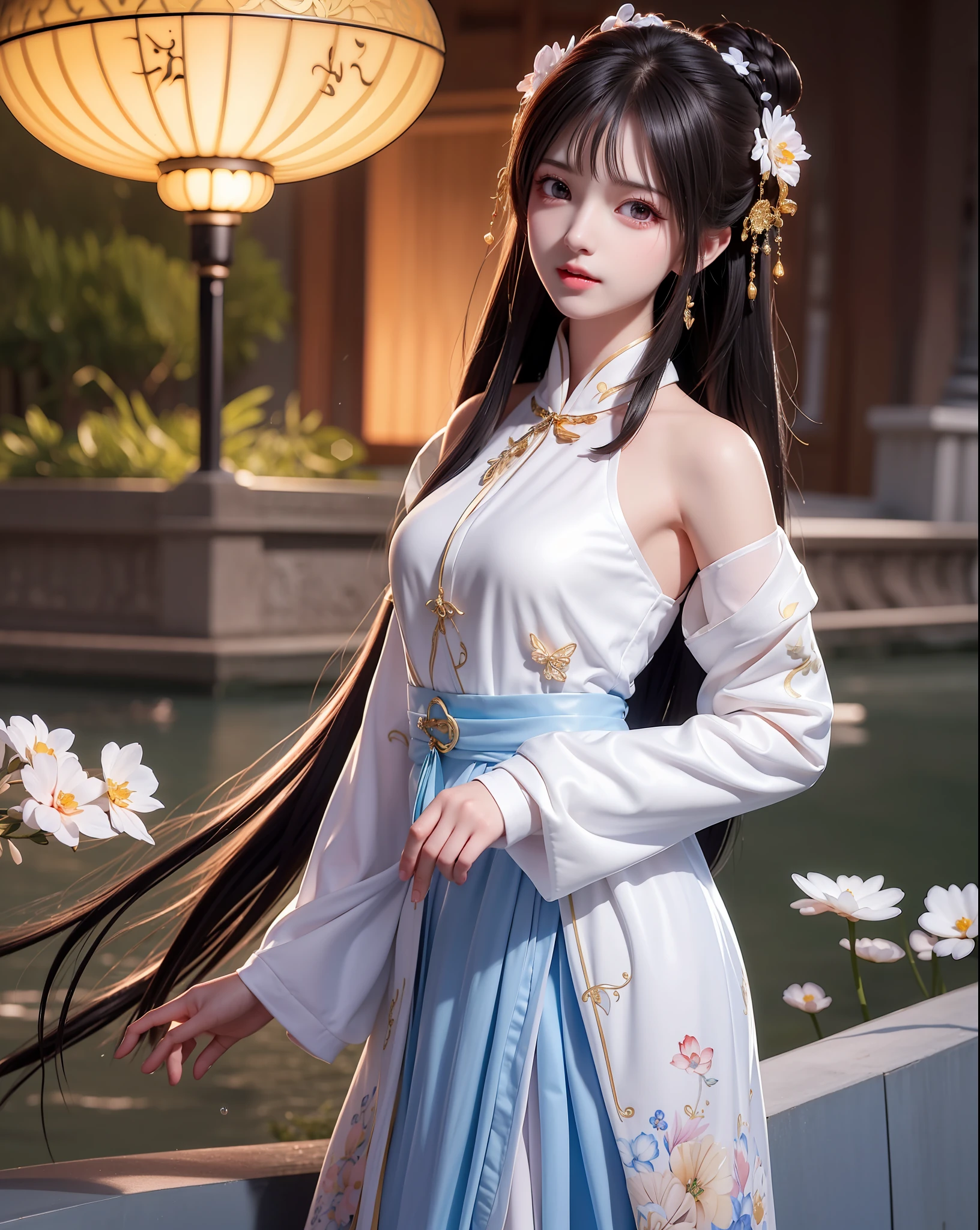 (8K, RAW photo:1.2), best quality, ultra high res,dramatic angle,(fluttered detailed color splashs), (illustration),(((1 girl))),(long hair),(rain:0.9), (Headdress:1.4),There is an ancient palace beside the girl,Hanfu,(Key Points),Color ink painting,(Splash of Color),Splash of Color,(((colorful))),(sketch:0.8) , Masterpiece, best quality, beautiful painted, highly detailed,(denoising:0.6),[splash ink],((ink refraction)), (beautiful detailed sky),moon,highly,detaild,(masterpiece, best quality, extremely detailed） CG unity 8K壁纸，masterpiece，best quality，Ultra Detailed），（Lycoris），