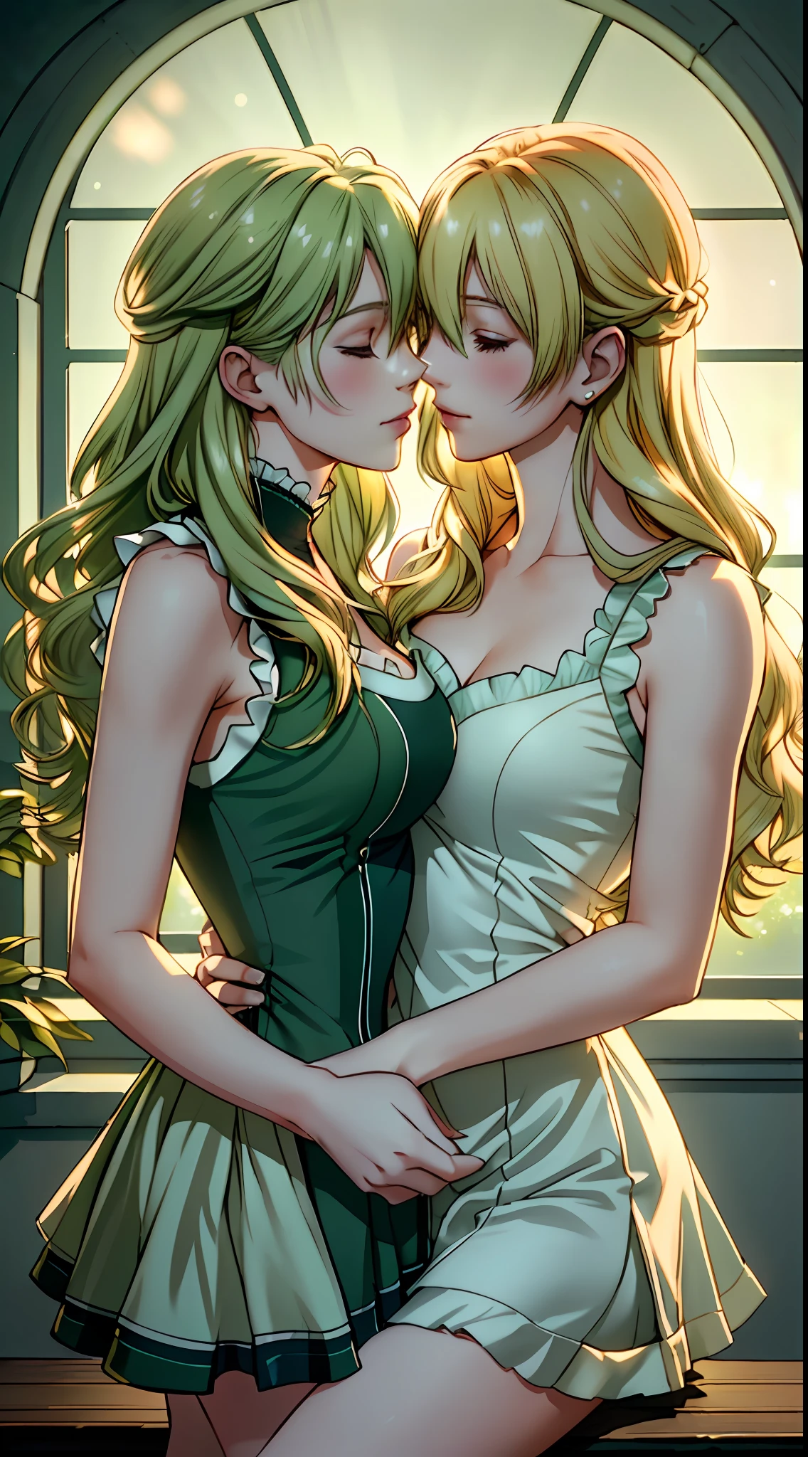 (a romantic and sexy scene, 2 women kissing, Alisa Reinford with long blonde hair and Musse Egret with short green hair), sleeveless dresses, high resolution. (romantic and sensual atmosphere:1.2, vibrant colors, soft lighting and impeccable editing:1.3, natural hair and realistic details:1.2)