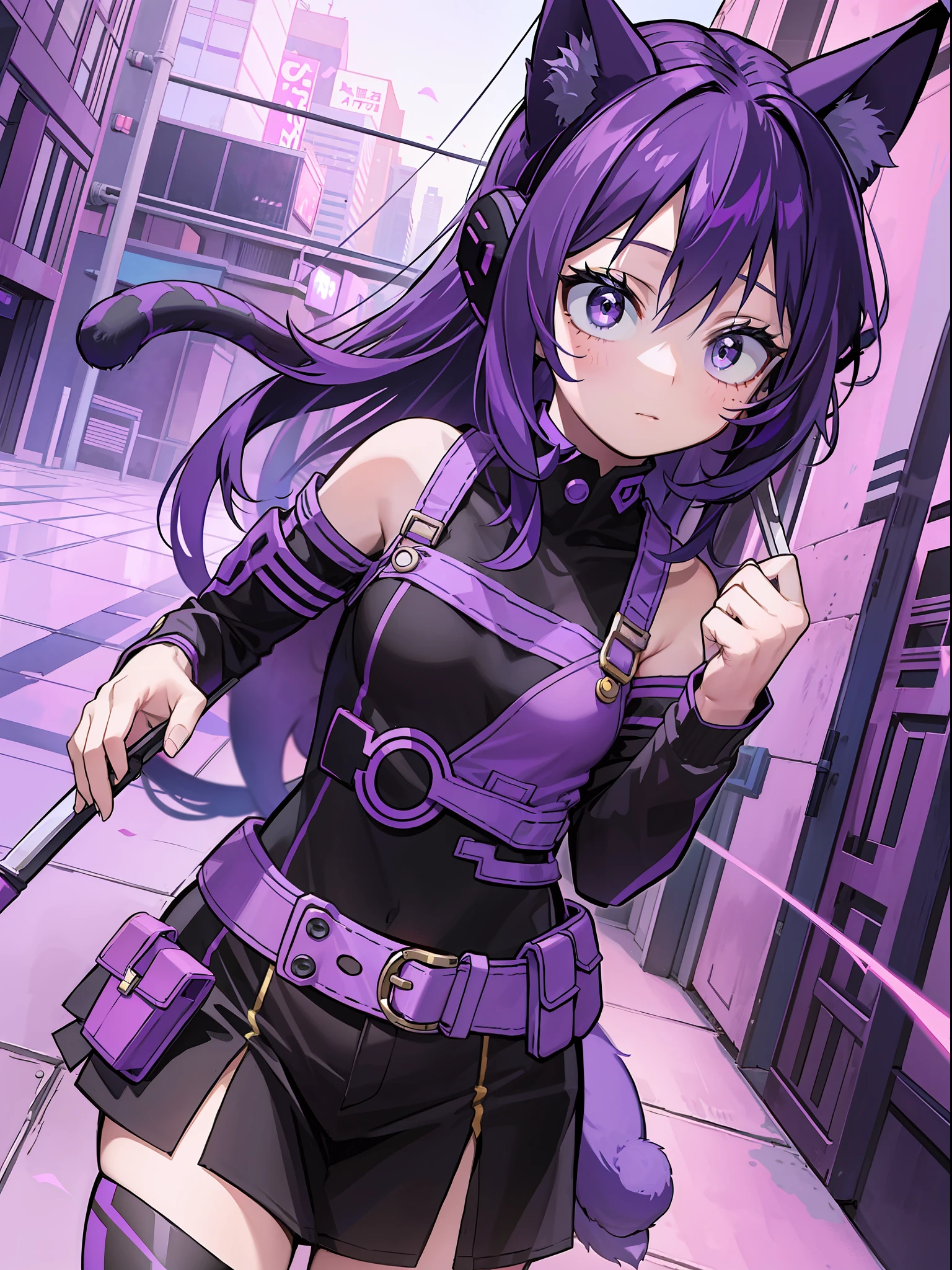 A Little Girl, Shoulders Long Hair, Purple Hair, Small Purple Cat Ears, A Purple Cat Tail, Assassin Clothing, Amine Style