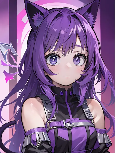 A Little Girl, Shoulders Long Hair, Purple Hair, Small Purple Cat Ears, A Purple Cat Tail, Assassin Clothing, Amine Style