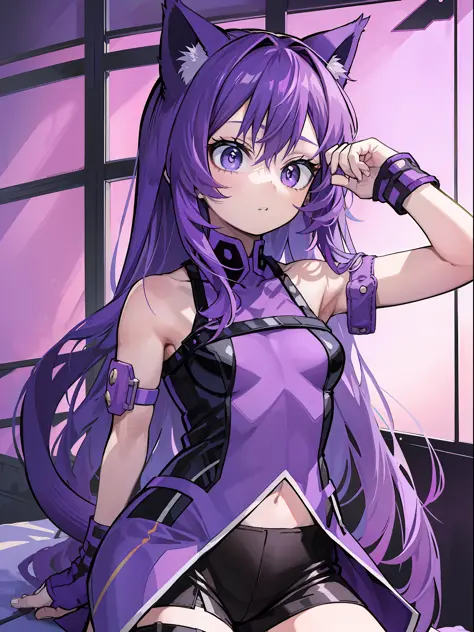 A Little Girl, Shoulders Long Hair, Purple Hair, Small Purple Cat Ears, A Purple Cat Tail, Assassin Clothing, Amine Style