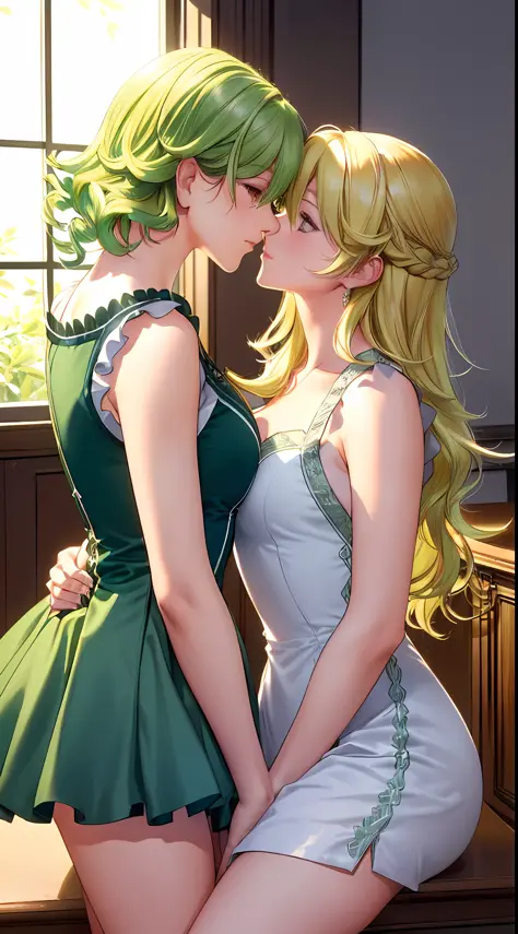 (a romantic and sexy scene, 2 women kissing, Alisa Reinford with long blonde hair and Musse Egret with short green hair), sleeveless dresses, high resolution. (sexy:1.2, vibrant colors, flawless editing:1.3, natural hair and realistic details:1.2)