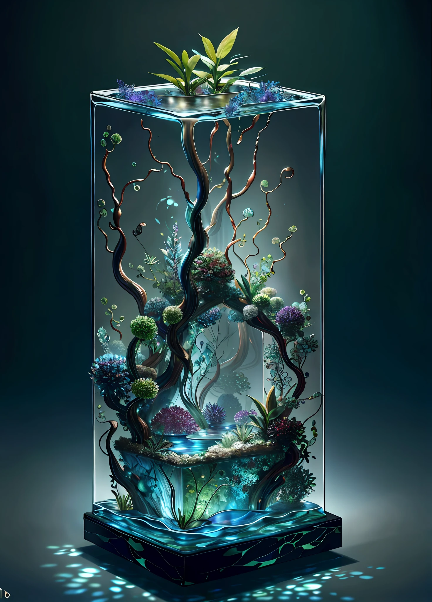 masterpiece of glass sculpture with plants inside, water, glowing, fantasy, high quality, high detail, best quality, rtx, 4k, 8k,