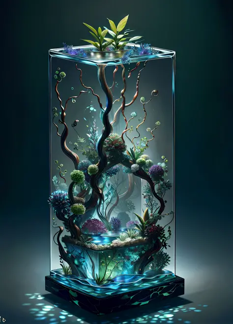 masterpiece of glass sculpture with plants inside, water, glowing, fantasy, high quality, high detail, best quality, rtx, 4k, 8k...