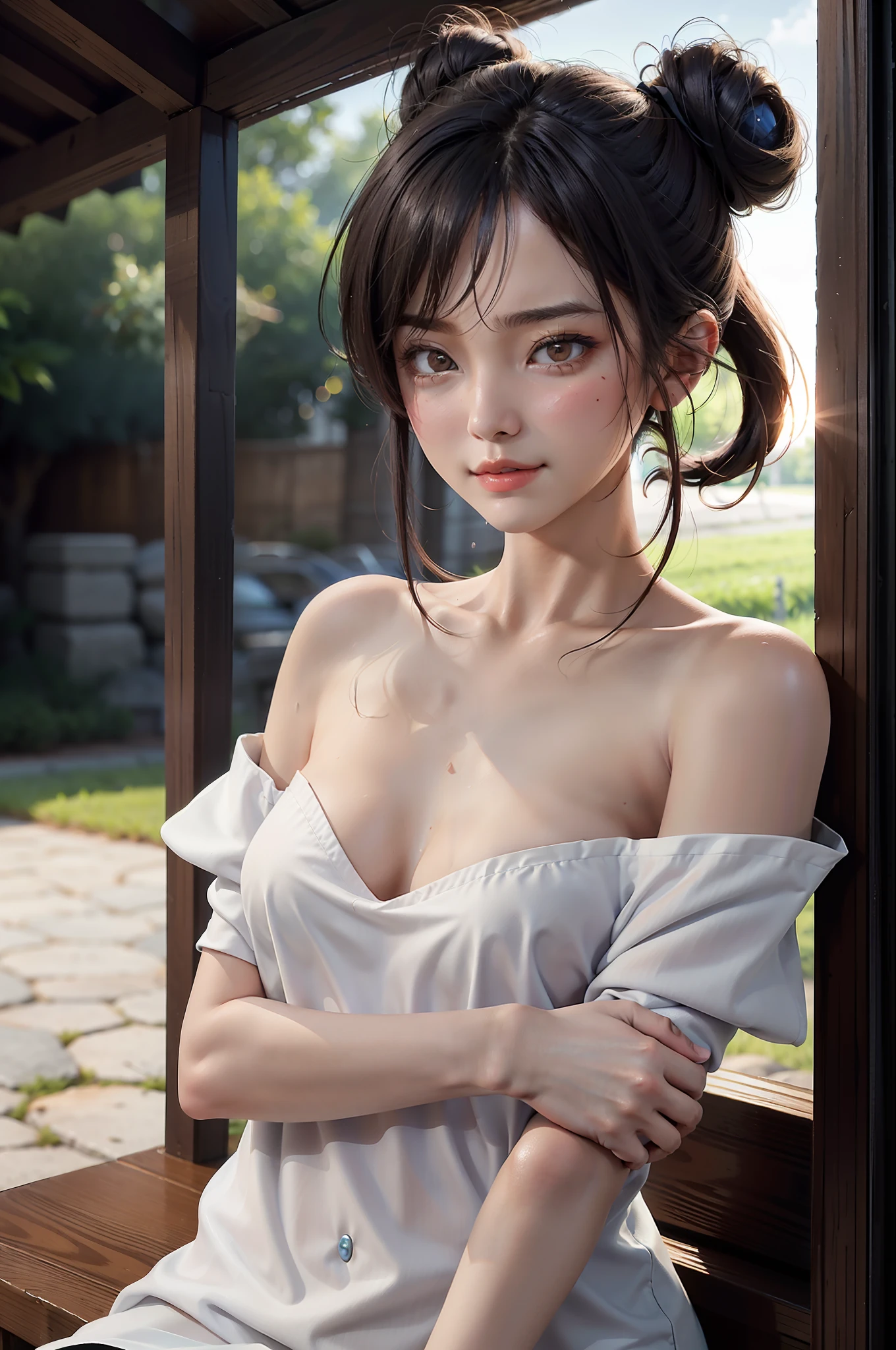 (Best Quality: 1.1), (Masterpiece: 1.2), Portrait,
1 Girl, yuzuriha_, Black hair, Brown eyes, Ninja, Off shoulder, Cleavage, Small tits, Top knot, Mid-haired, Detached breasts, White band, Grinning, Outdoors, (blush:1.1), Flowers,
Pure_Innocent_girl, pureerosface_v1, ((torso))), subjective, (((depth of field)))), pale and shiny skin, sweaty, skin wet, embarrassed, embarrassed, cheeks blush