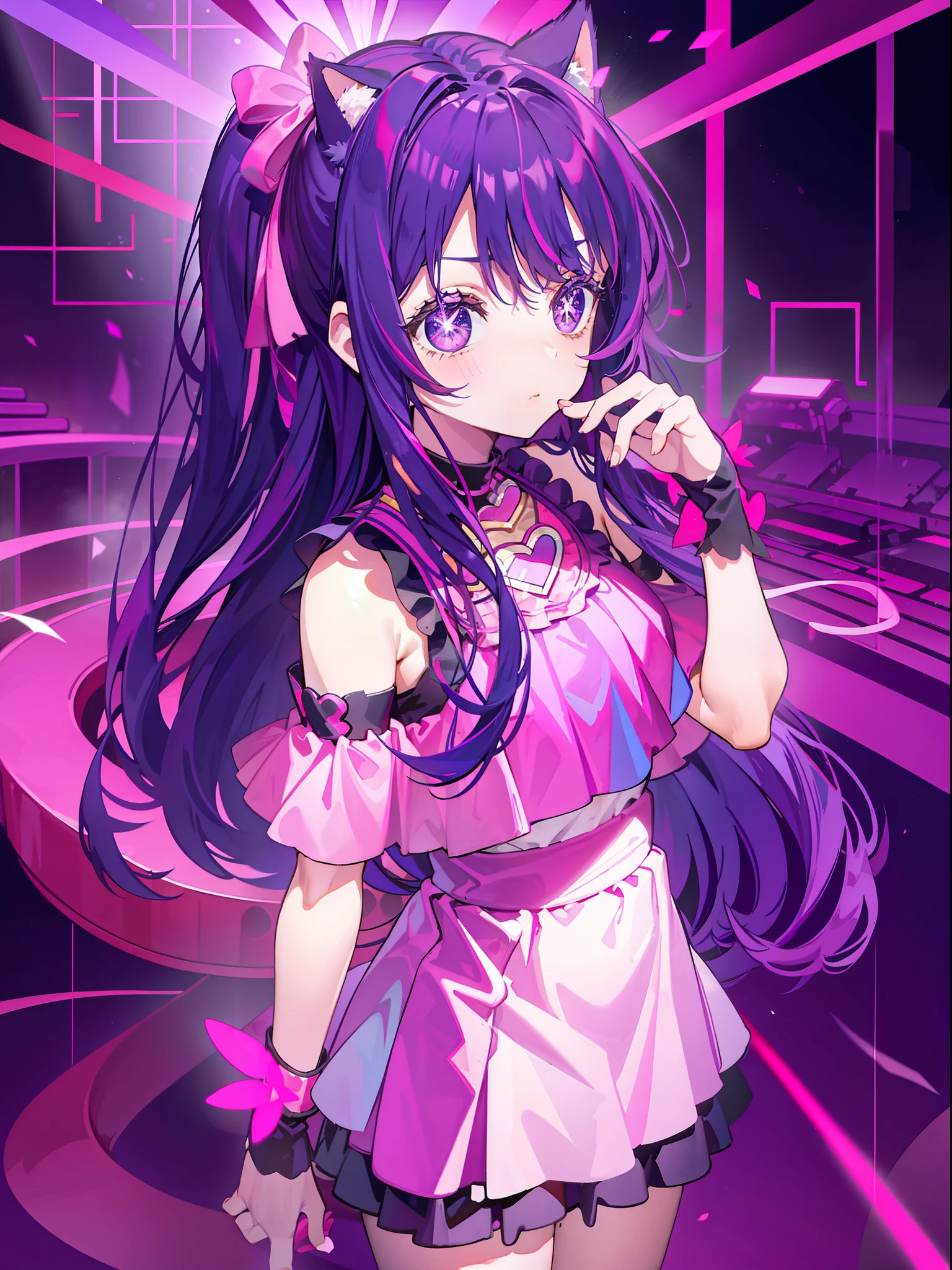 A Little Girl, Shoulders Long Hair, Purple Hair, Small Purple Cat Ears, A Purple Cat Tail, Idol Clothes, Amine Style