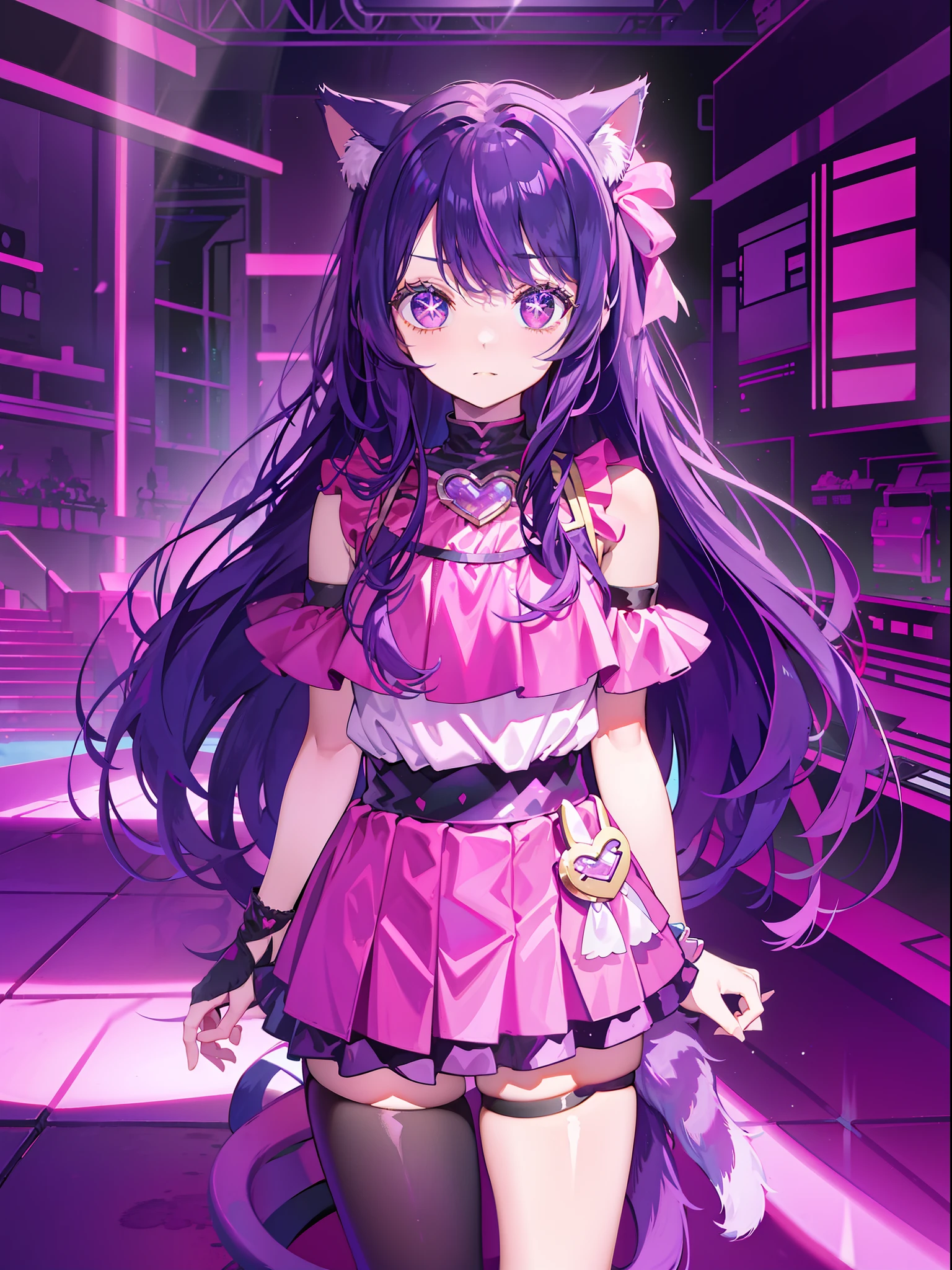 A , Shoulders Long Hair, Purple Hair, Small Purple Cat Ears, A Purple Cat Tail, Idol Clothes, Amine Style