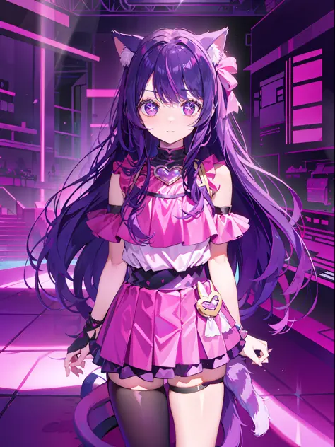 A Little Girl, Shoulders Long Hair, Purple Hair, Small Purple Cat Ears, A Purple Cat Tail, Idol Clothes, Amine Style