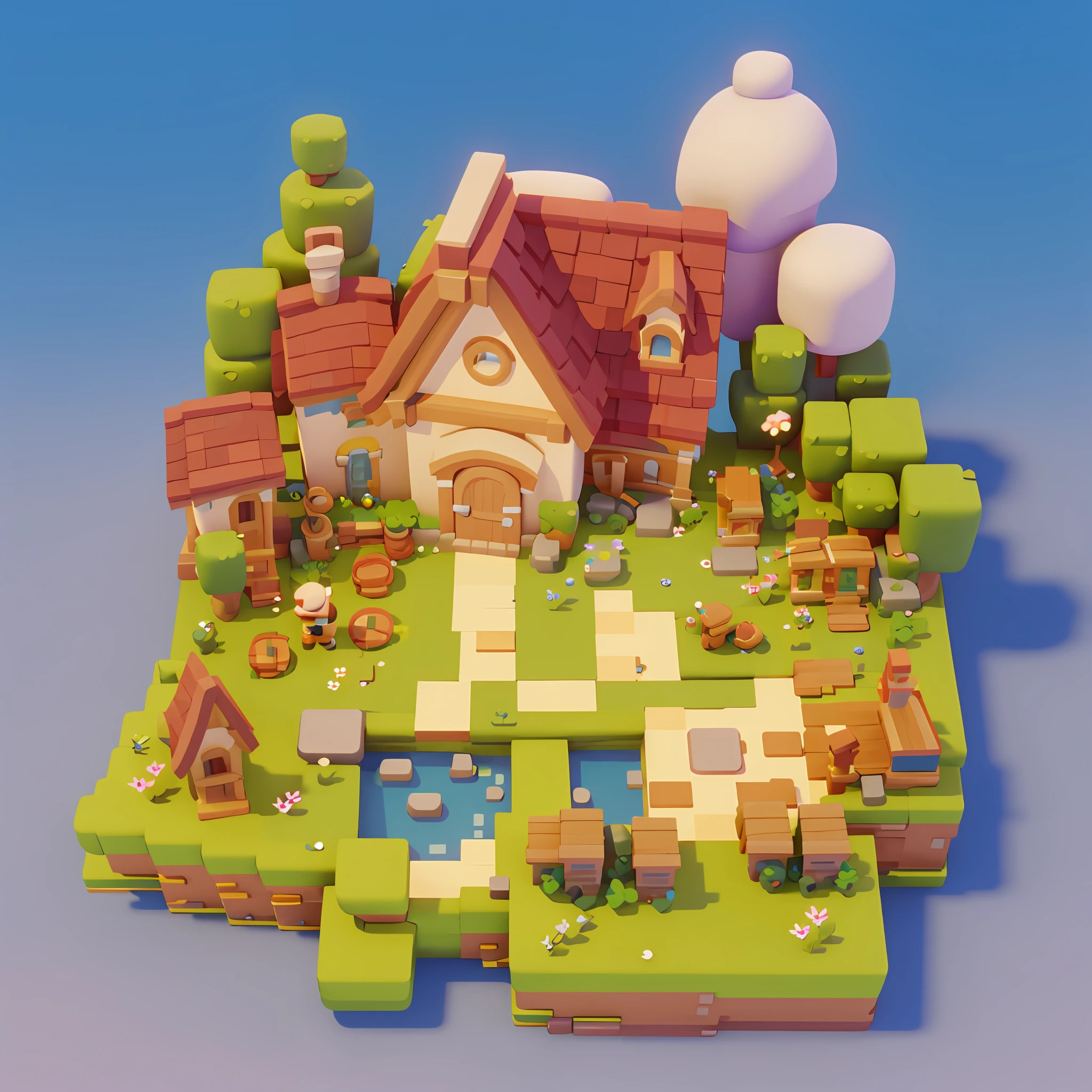 Game architectural design, cartoon, town, stone, brick, meadow, river, flowers, casual game style, 3d, blender, masterpiece, super detail, best quality