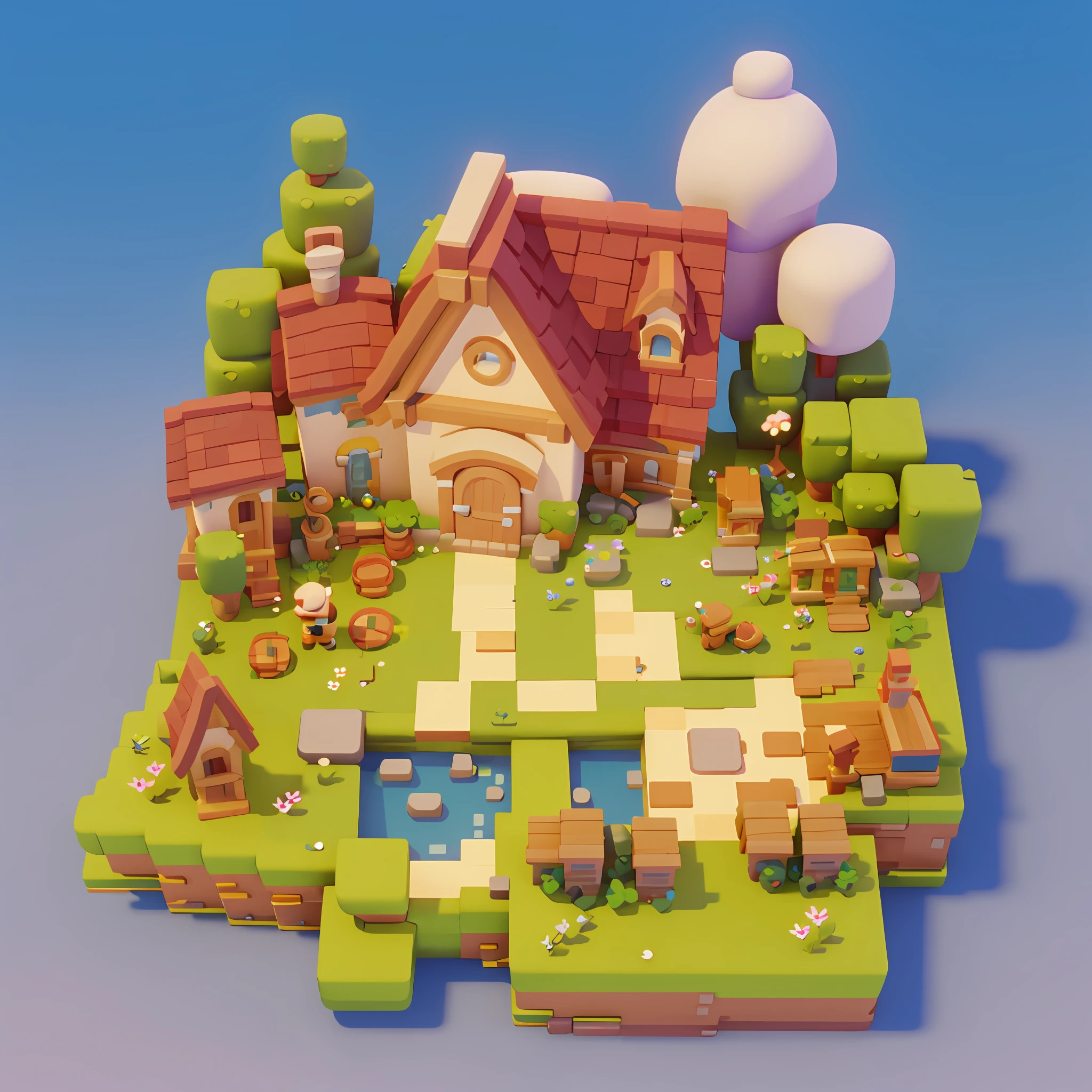 Diseño arquitectónico del juego., dibujos animados, ciudad, piedra, ladrillo, meadow, Río, flores, estilo de juego casual, 3d, licuadora, Obra maestra, súper detalle, mejor calidad