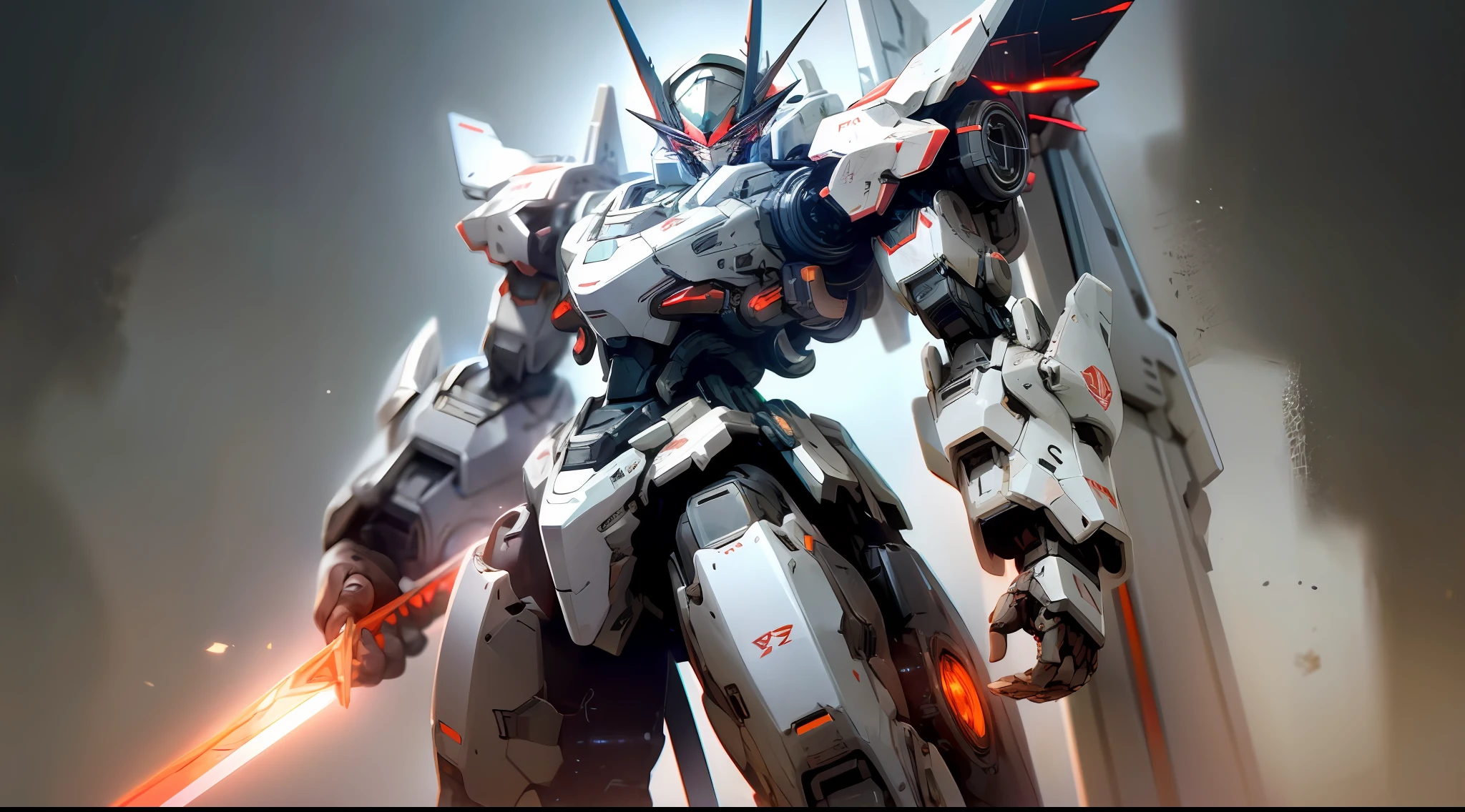 A beautiful game CG with the Doomsday theme armor as the main body, this is a light black and light white mecha, its hands hold a broad heavy sword, emitting a fiery red light: 1.2, the eyes of the mecha emit dazzling red light: 0.8, realistic effects, chiaroscuro, dark fog, flowing special effects, mecha lines are detailed and exquisite, the mecha's face is delicate and clear, the picture is dark, and the light source is on the eyes,