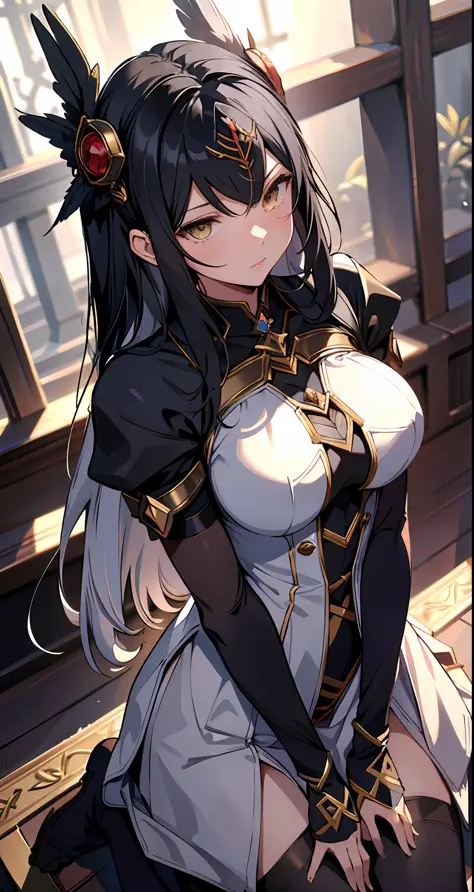 absurd res, high res, (masterpiece:1.4), ultra-detailed, 1girl, from front, space, black stockings, medium hair, yellow eyes, hands out of frame, Hourglass figure, hourglass body, highest quality, absurd quality, 8k, perfect body, perfect contrast, beautif...