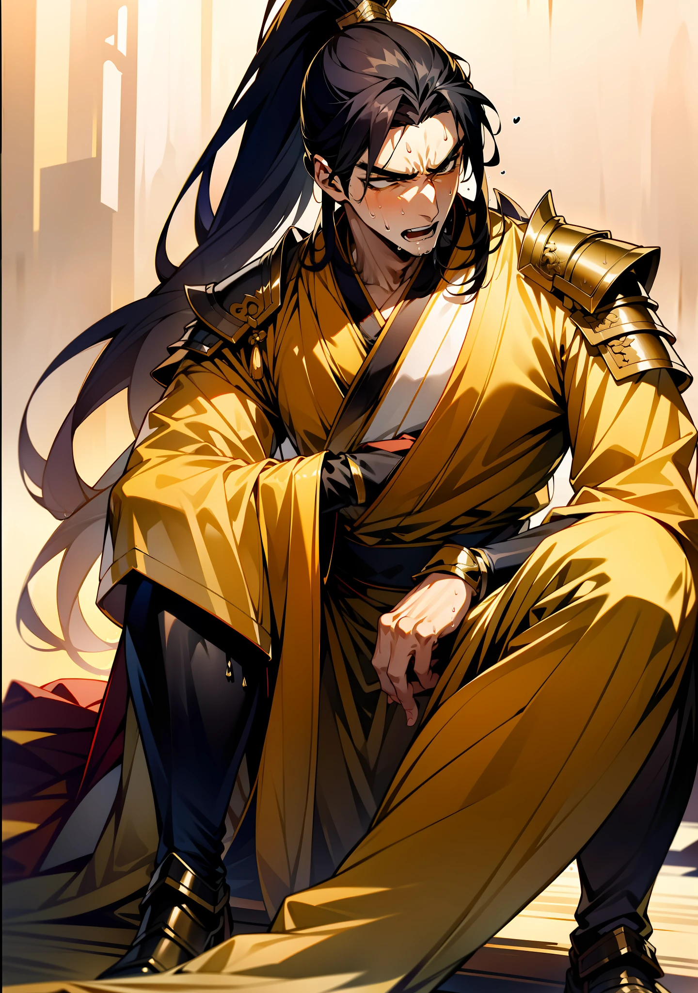 1 male, sweating, open mouth, drooling, wet, wet, sweating pectorals, sweating abs, sweating crotch, golden costume Hanfu, dragon robe, handsome face, evil, highest picture quality, dark skin, high ponytail long hair, detail Hanfu, wearing arm guards, armor, leg guards, leggings, military boots (ancient Chinese military boots), looks like a general, squat, forked legs squat, half squat, sweating crotch, crotch shape, crotch sweat, long legs, leg contour, thigh close-up, calf close-up, perfect legs