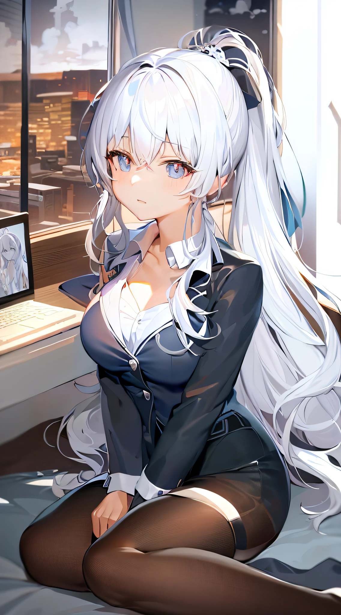 anime girl sitting on a bed with a laptop in her lap, kantai collection style, seductive anime girl, perfect white haired girl, anime moe artstyle, digital anime illustration, smooth anime cg art, white haired deity, detailed digital anime art, attractive anime girl, beautiful anime high school girl, from girls frontline, digital anime art, clean detailed anime art