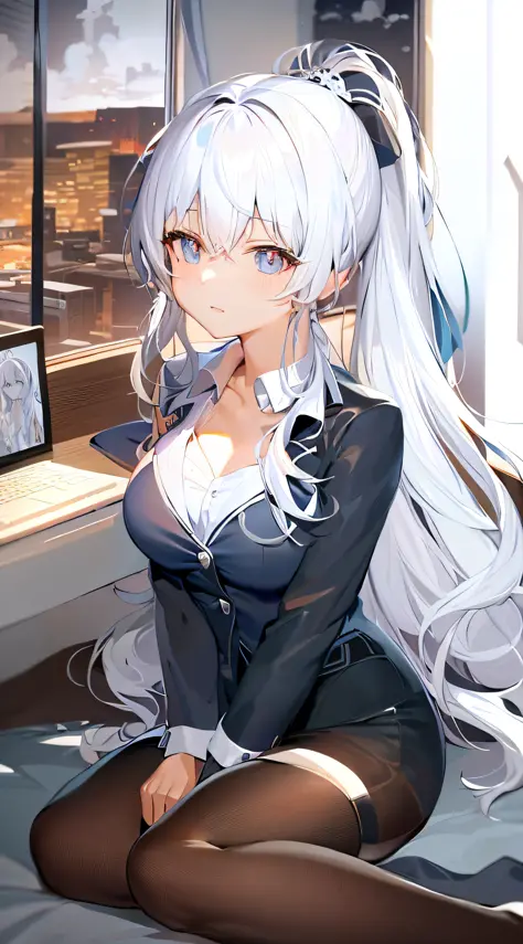 anime girl sitting on a bed with a laptop in her lap, kantai collection style, seductive anime girl, perfect white haired girl, anime moe artstyle, digital anime illustration, smooth anime cg art, white haired deity, detailed digital anime art, attractive ...