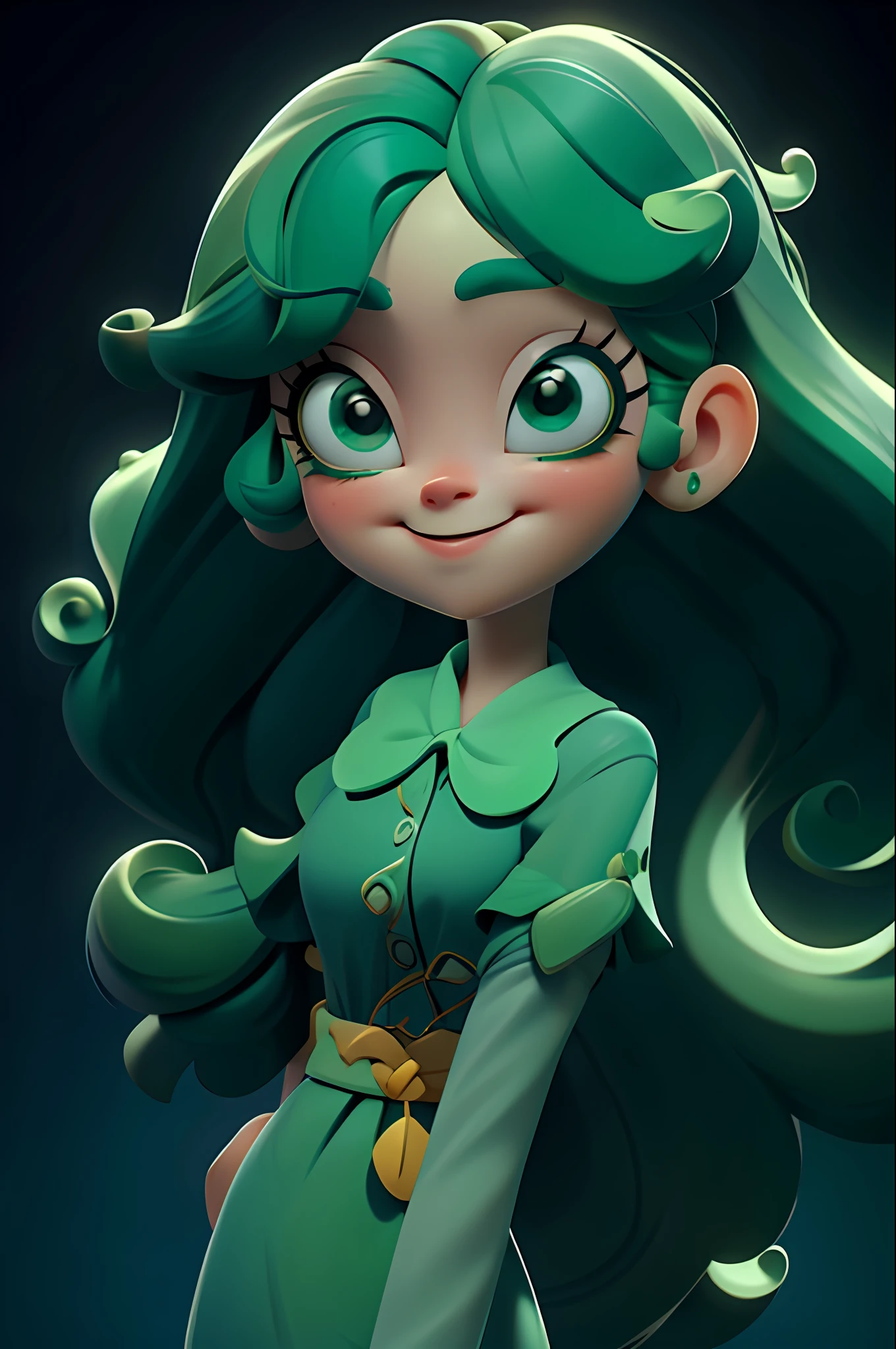 A cute girl with curly hair, wear berets, solid round eyes, long eyelashes, green hair, smile, open mouth, light blush, blue sky, blind box toy style, pixar, masterpiece, high quality, high detail, 8K