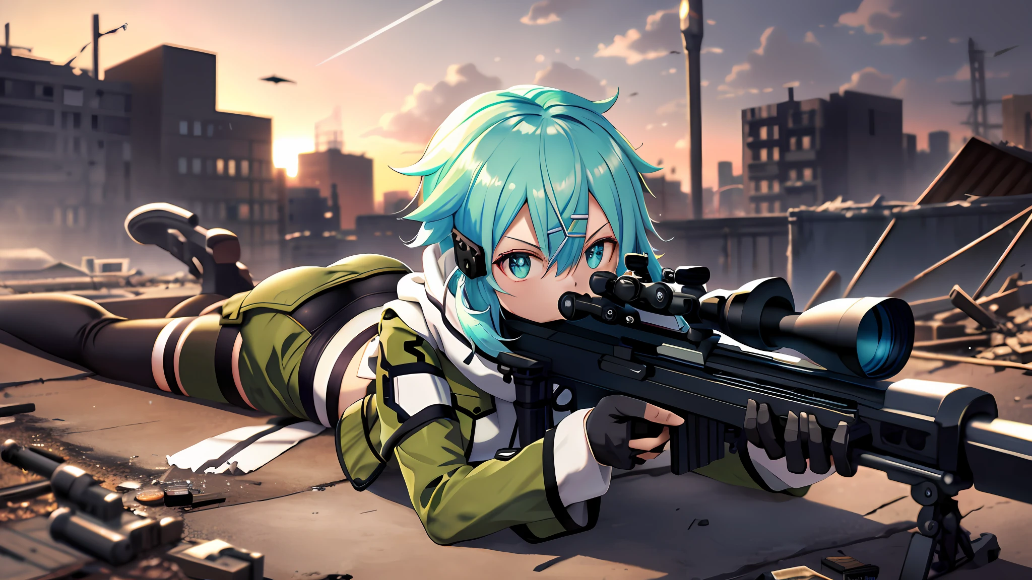 masterpiece, best quality, highres, 1girl, sinon1, scarf, fingerless gloves, long sleeves, short black shorts, hair ornament, hairclip, green thighhighs, green jacket, thigh strap, cowboy shot, holding weapon, sniper rifle, ruins, sitting, (sword art online), scoping, using the sniper, holding the sniper rifle, looking in scope, looking into the sniper rifle scope, shooting, hdr, urban, rooftop, collapsed buildings, war, catastrophe, disaster, serious, cold, glowing eyes, superpower, focusing, focus, bullet, shooting, barrel flash, explosion, firing, firing her sniper rifle, firing her gun, gunshot, pervert, cute, chaotic, full body, from behind, looking the other way, nice booty, laying down